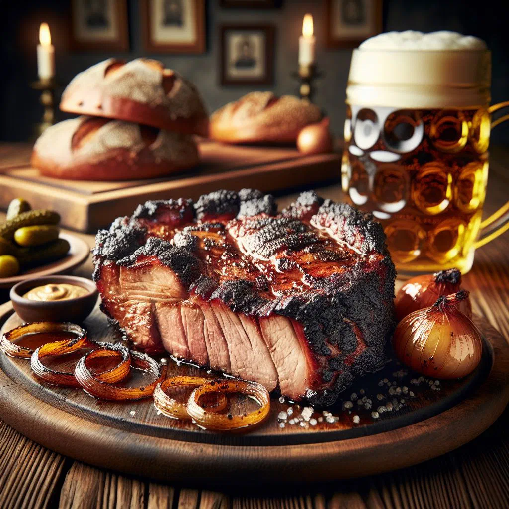 Grilled Thuringian Rostbrätel pork neck steaks with onions and fresh bread