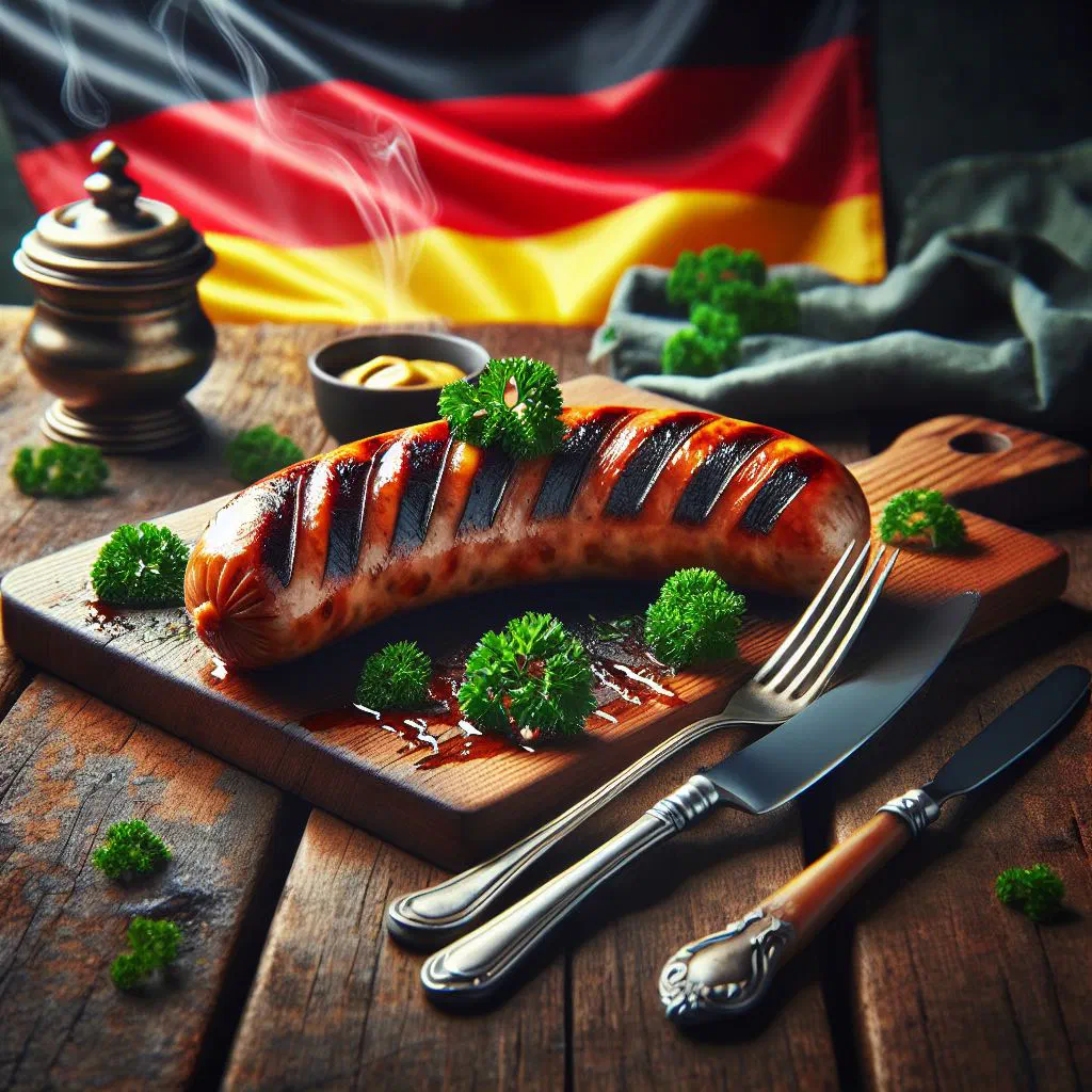 Grilled Thuringian Rostbratwurst in a bread roll with mustard and fried onions