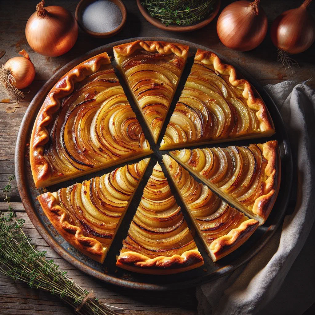 A golden Uckermark onion tart with creamy caramelised onion filling on a rustic board