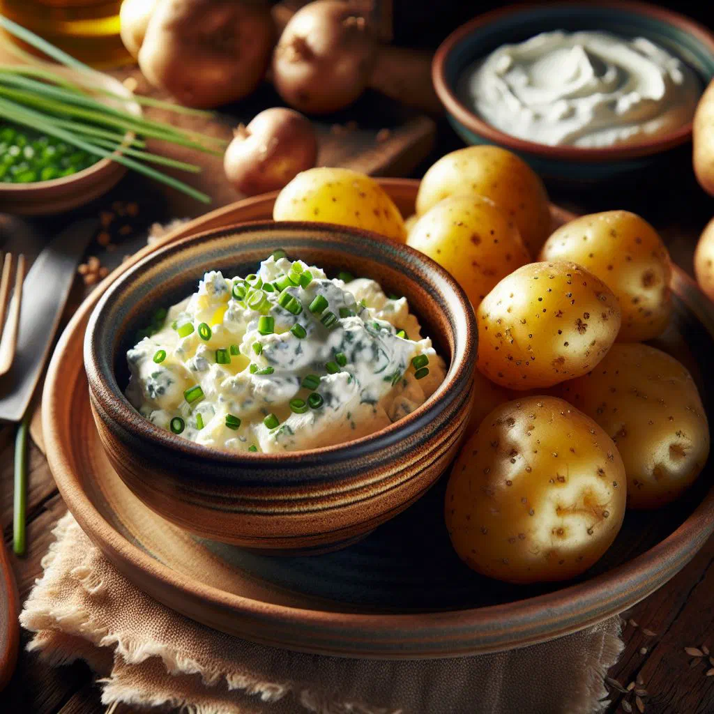 Creamy flaxseed oil quark topped with fresh herbs in a rustic bowl