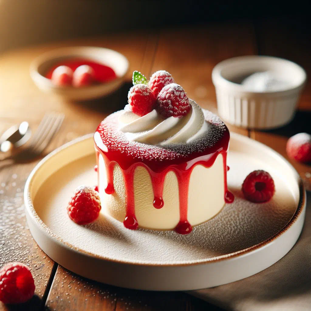 Silky vanilla cream topped with bright red raspberry sauce in a dessert glass