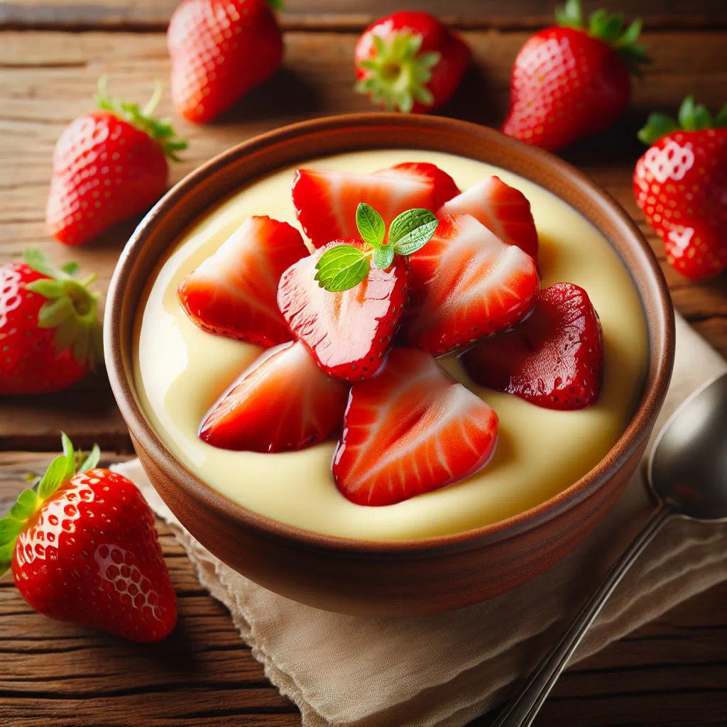 Creamy vanilla pudding topped with fresh strawberries in a glass dish