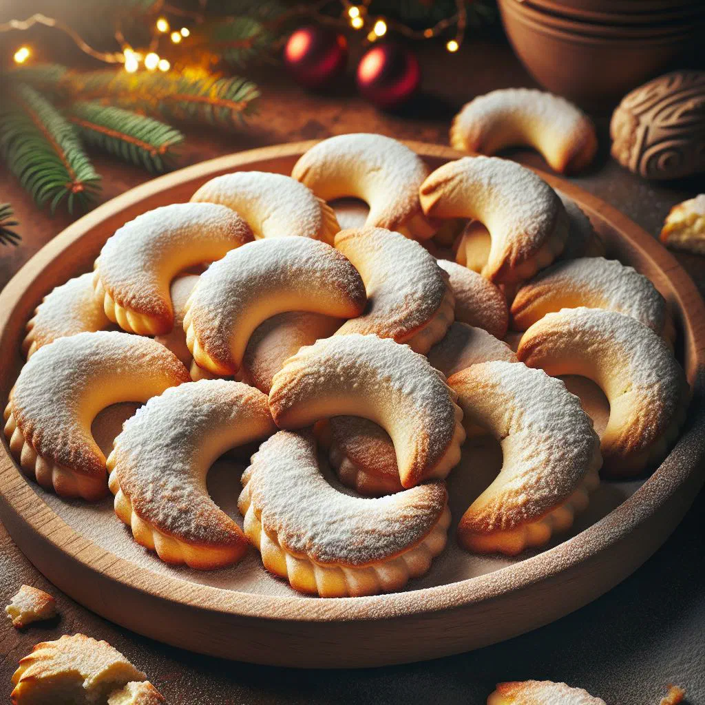 Crescent-shaped vanillekipferl biscuits dusted with icing sugar