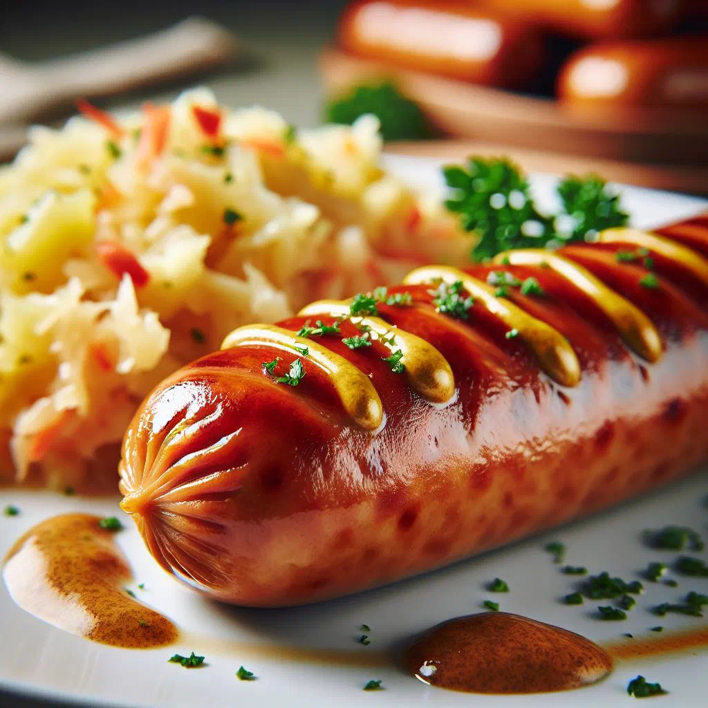 Grilled veal bratwurst sausages served with bread and fresh herbs