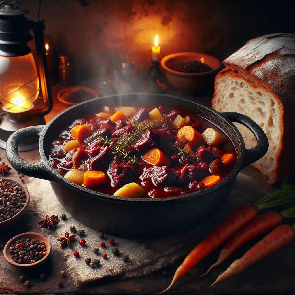 Bowl of venison goulash in a rich gravy garnished with fresh herbs