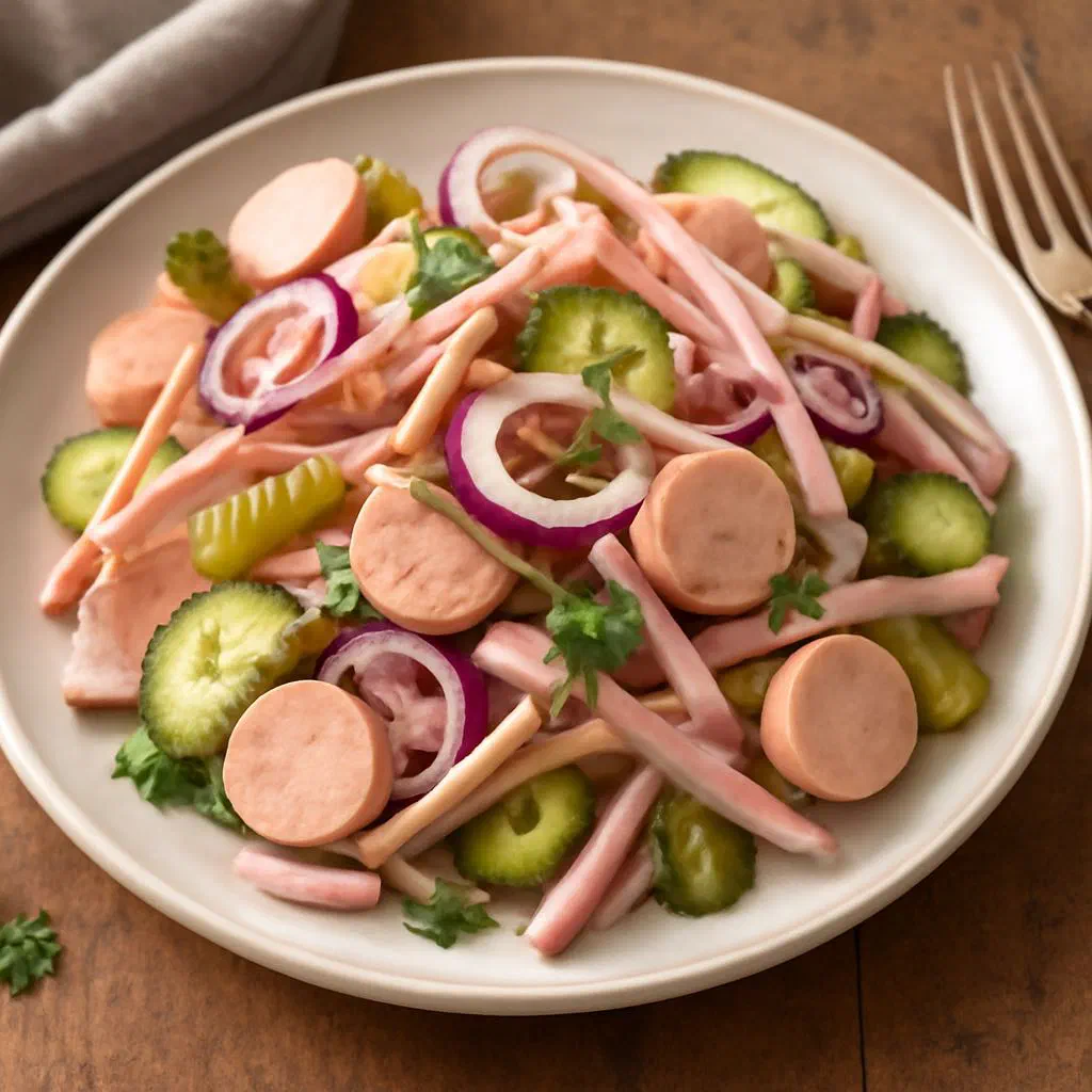 Vienna sausage salad with sliced frankfurters, onions and gherkins in a mustard dressing