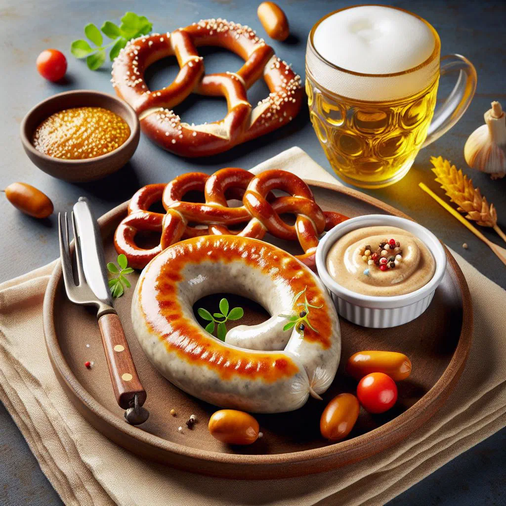 Bavarian Weisswurst served in a pot with sweet mustard and pretzels