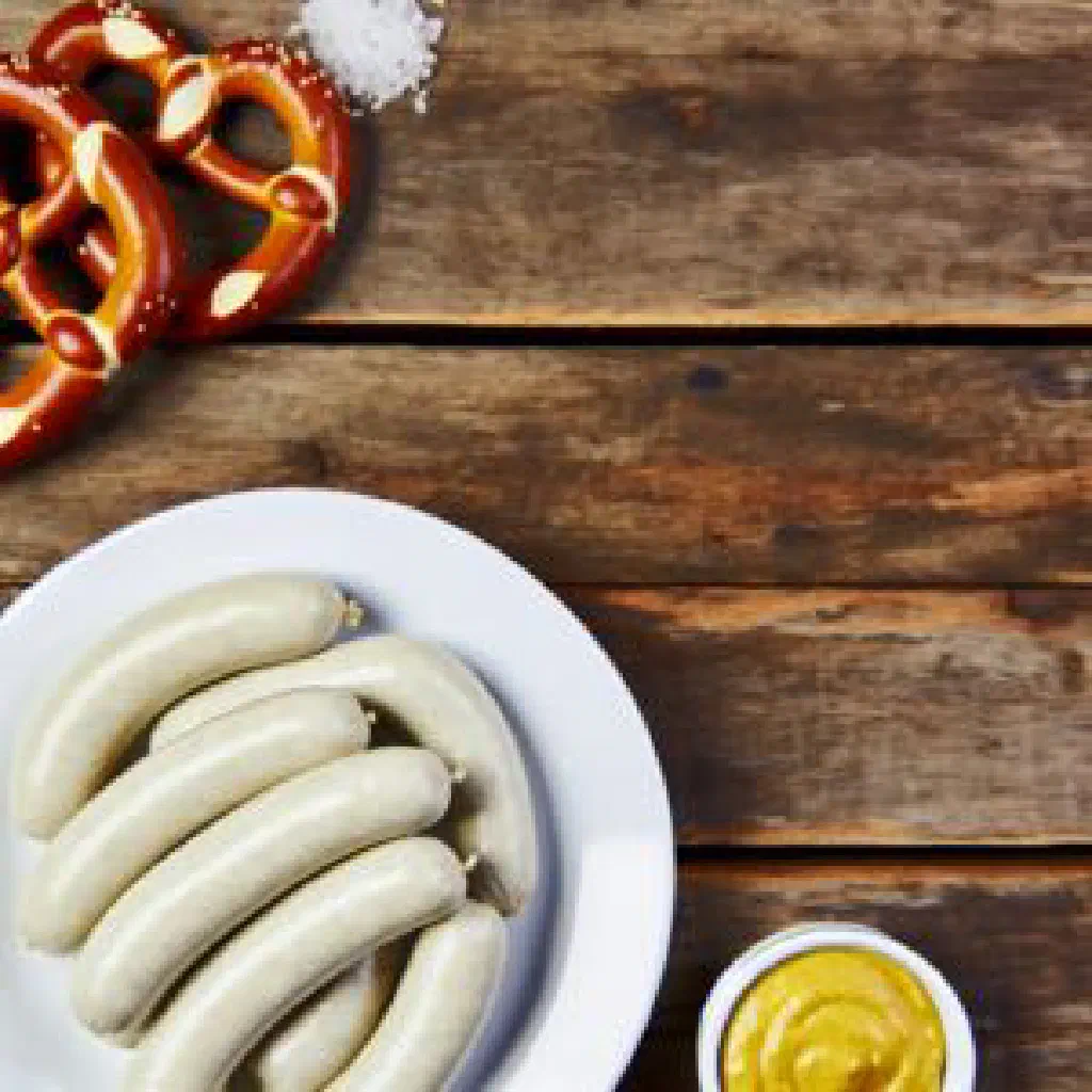 Pair of Bavarian Weisswurst sausages with sweet mustard and a pretzel