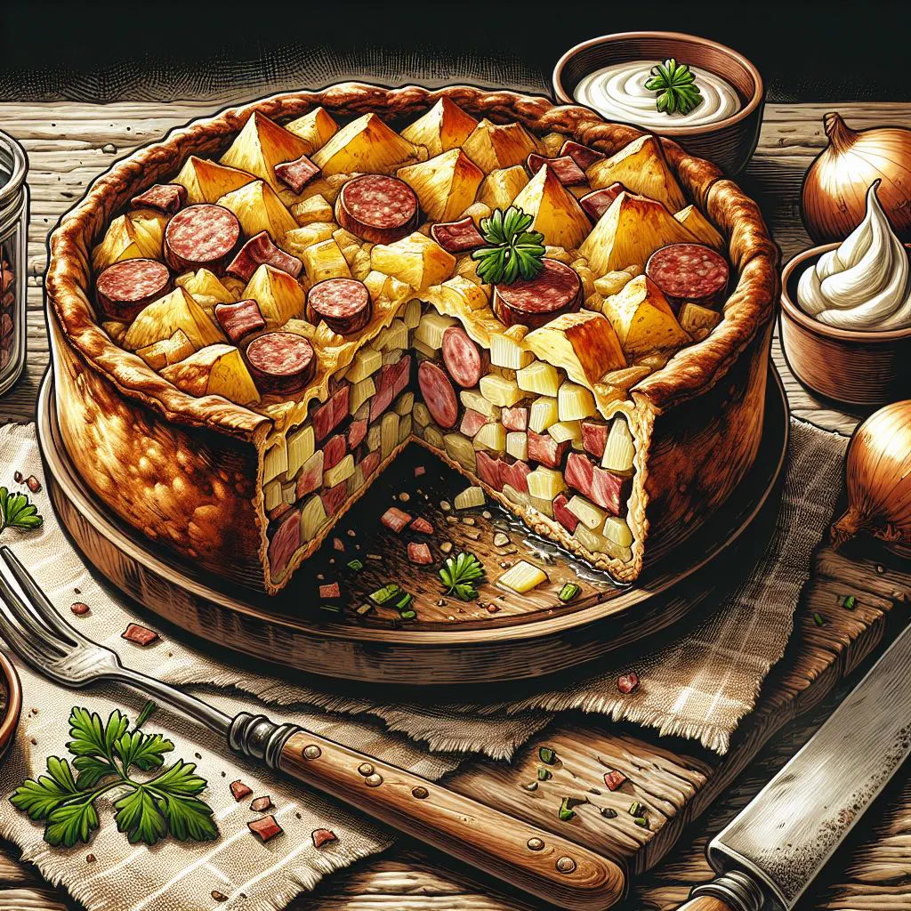 Golden-fried Westphalian Potthucke with crispy bacon and onions