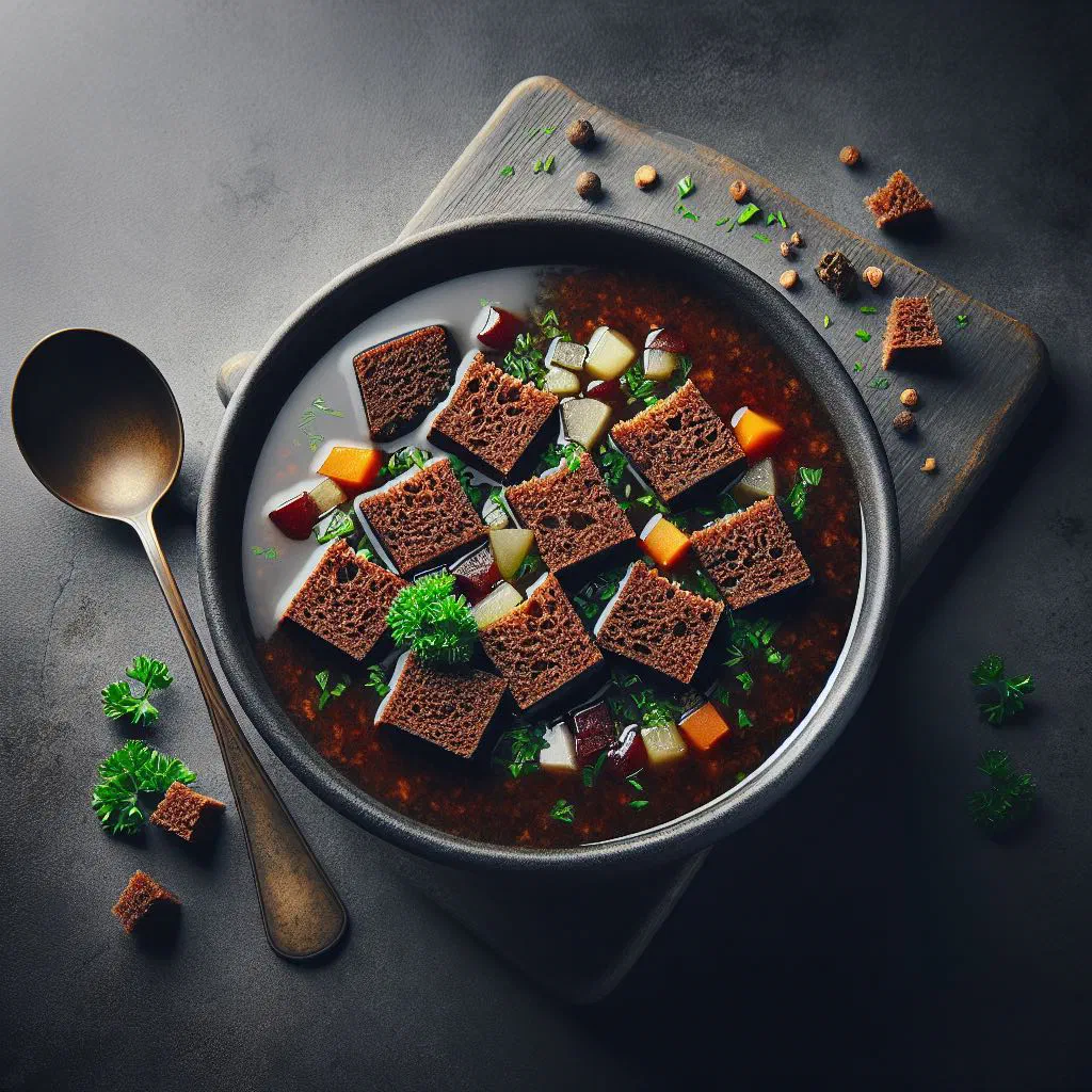Creamy dark Westphalian pumpernickel soup garnished with fresh herbs
