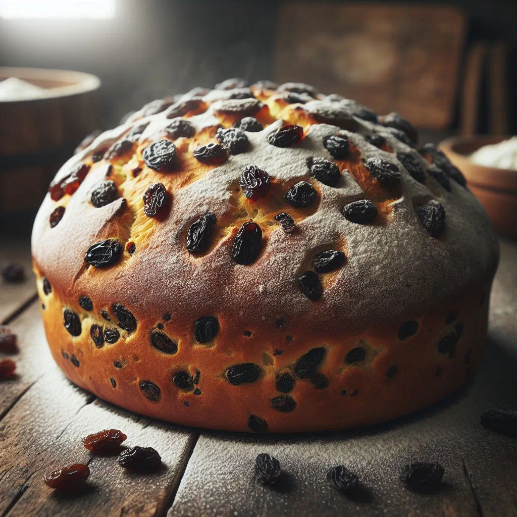 Sliced Westphalian raisin bread loaf studded with plump raisins