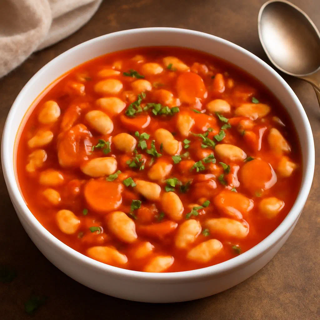 A bowl of hearty white bean stew with root vegetables and slices of sausage