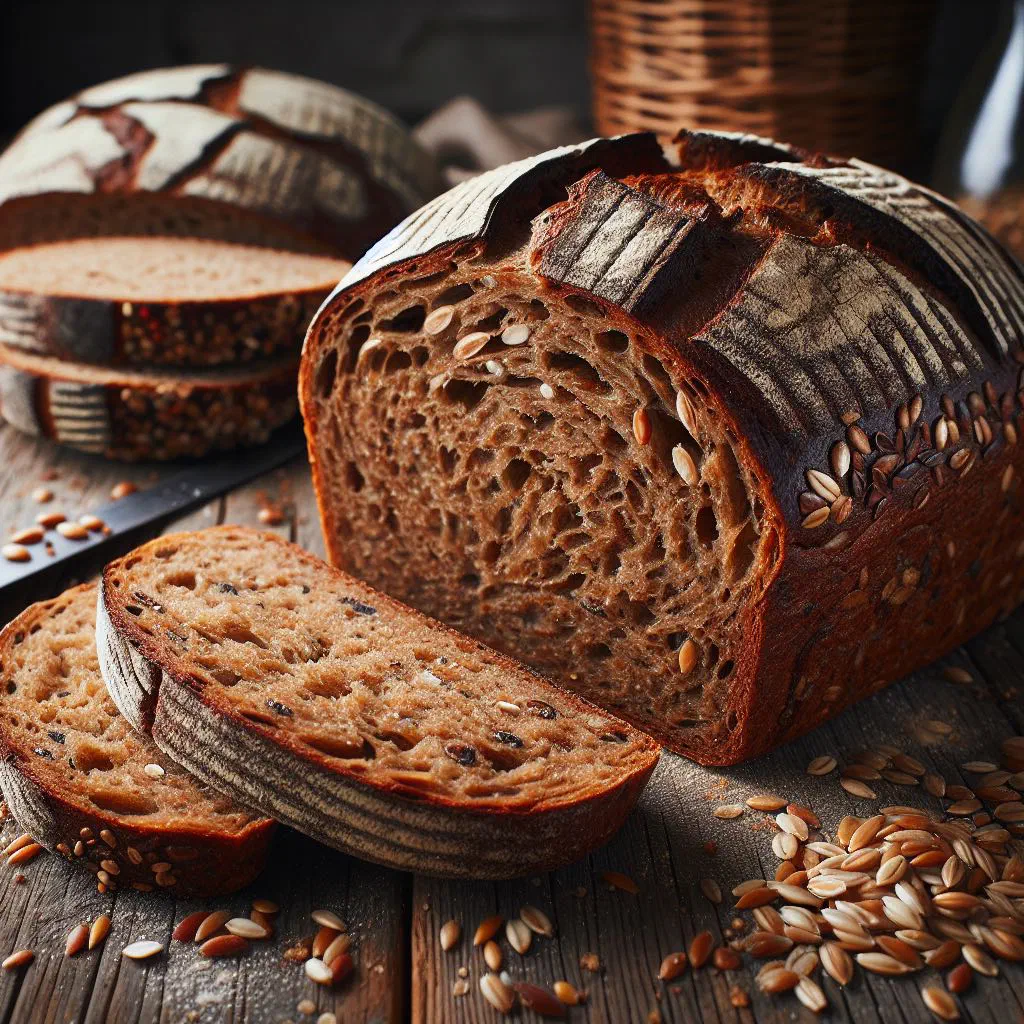 Rustic loaf of German wholemeal bread sliced on a wooden board