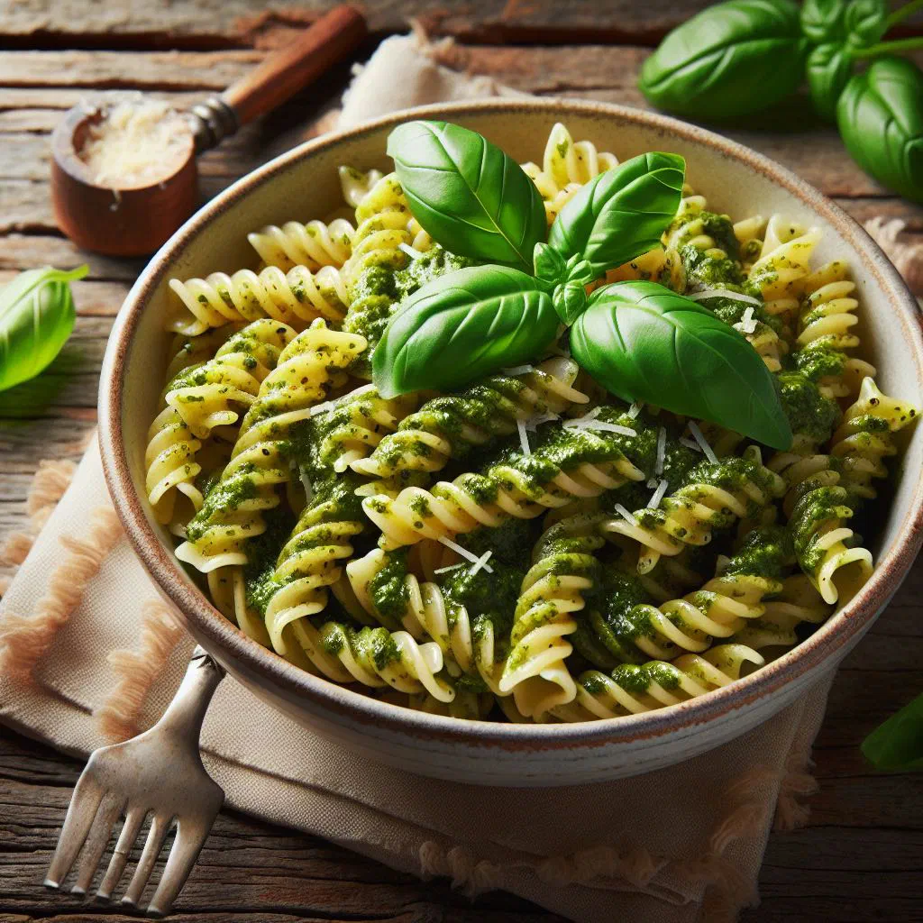 A bowl of pasta tossed with bright green wild garlic pesto