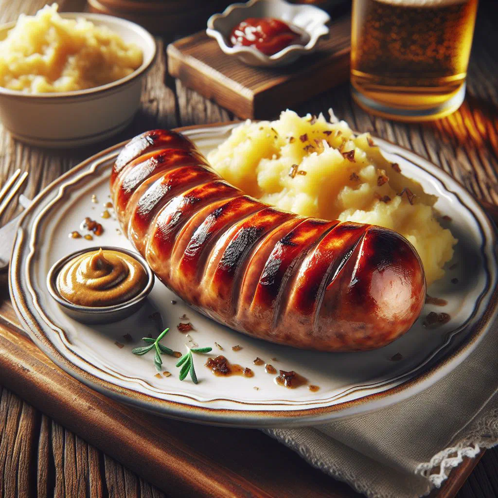 Grilled Würzburg bratwurst served with a crusty bread roll and mustard