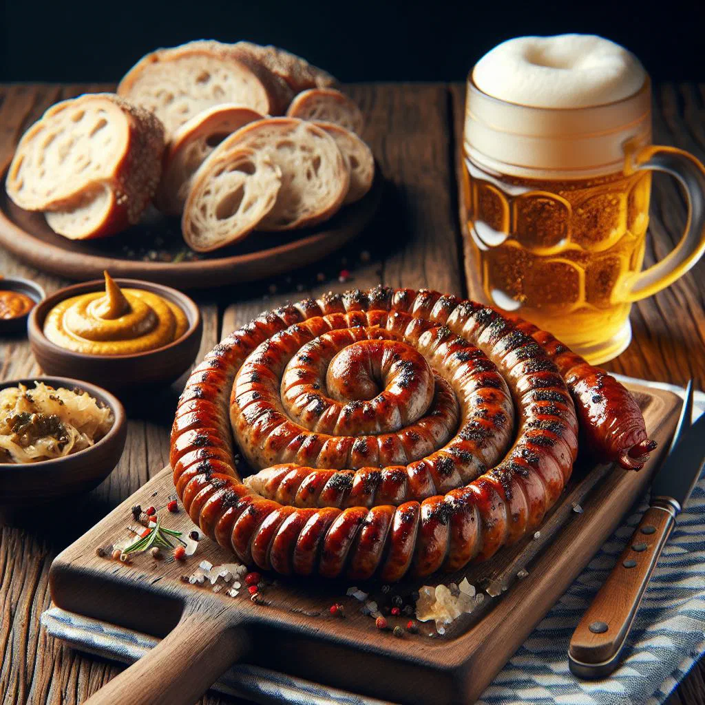 Golden Würzburg Bratwurst Spiral pinwheels filled with bratwurst and onion
