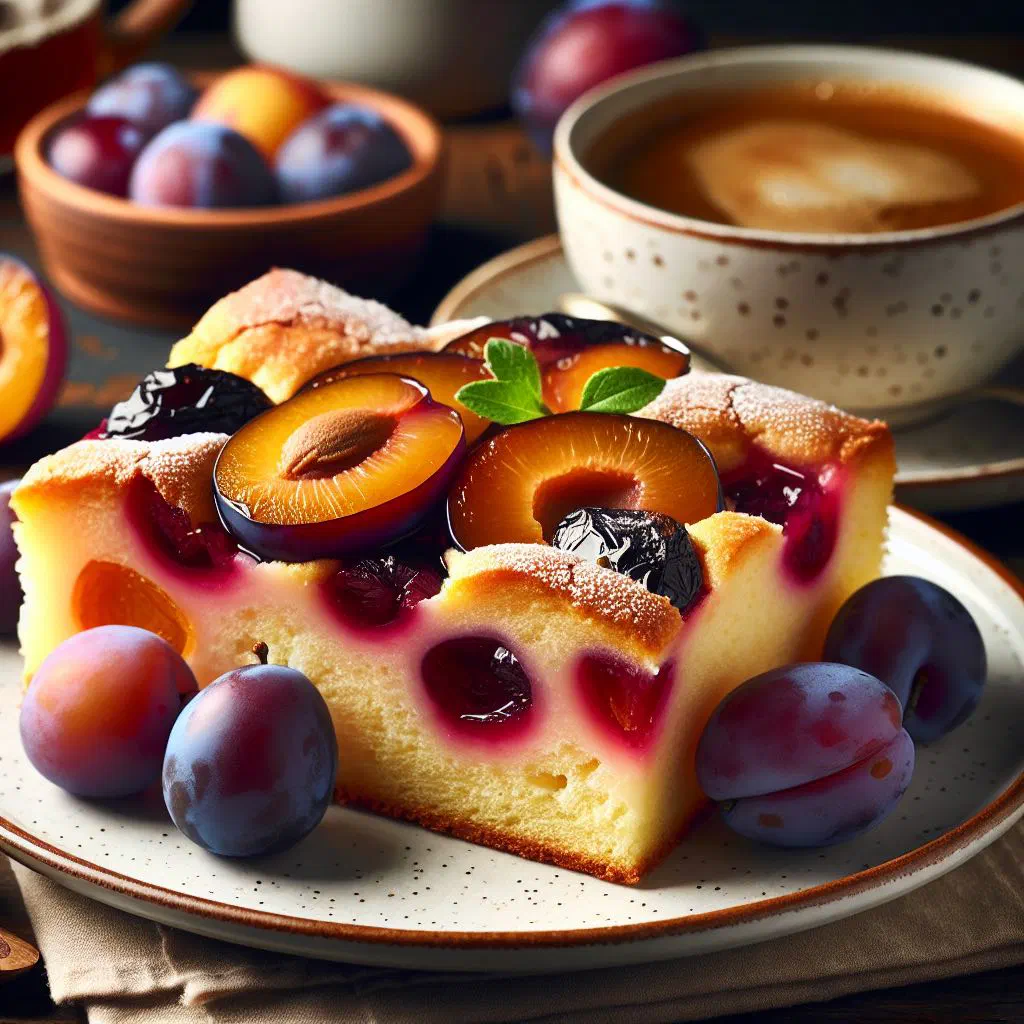 Zwetschgendatschi plum sheet cake topped with rows of quartered plums and a dusting of icing sugar