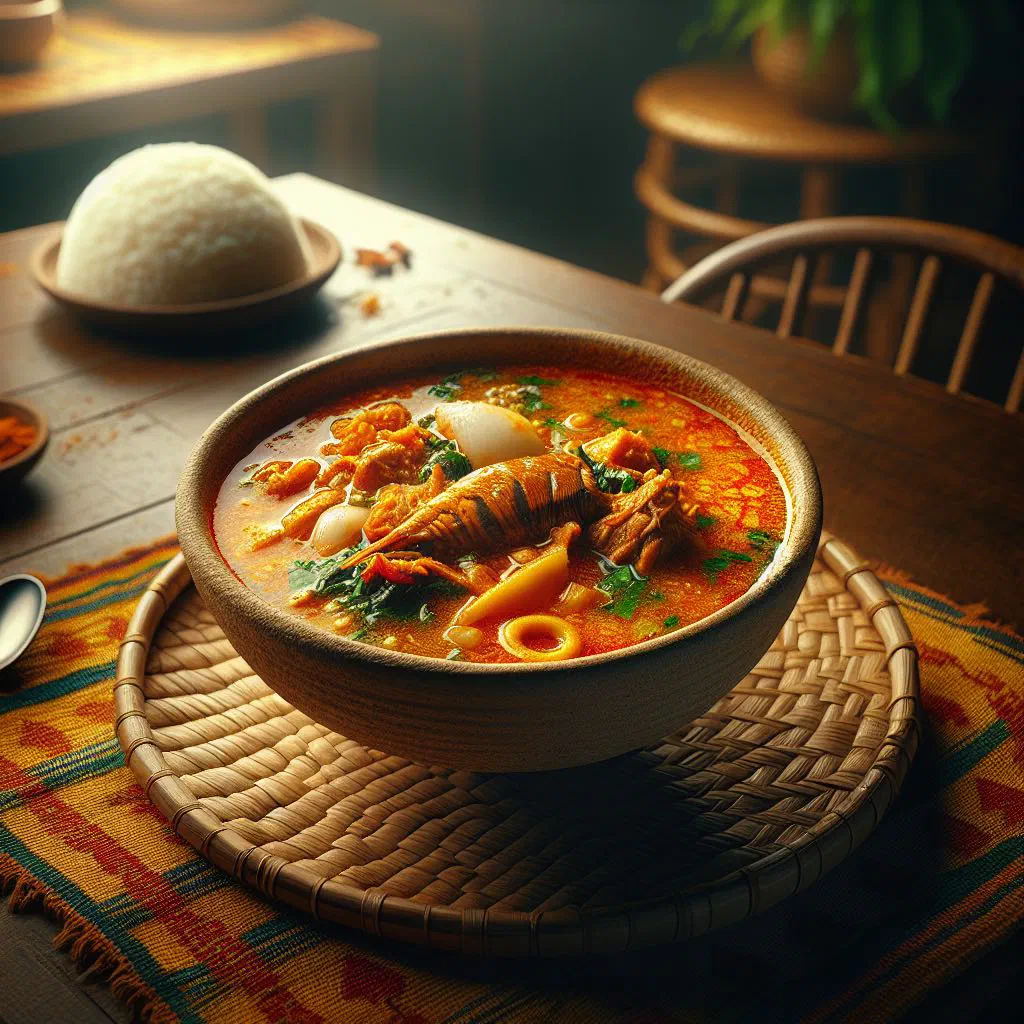 A rich, deep-red bowl of Ghanaian abenkwan palm nut soup with meat