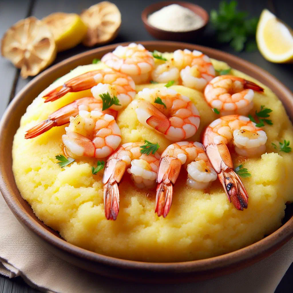 Steamed abolo corn cakes served with pan-fried shrimp and fresh herbs