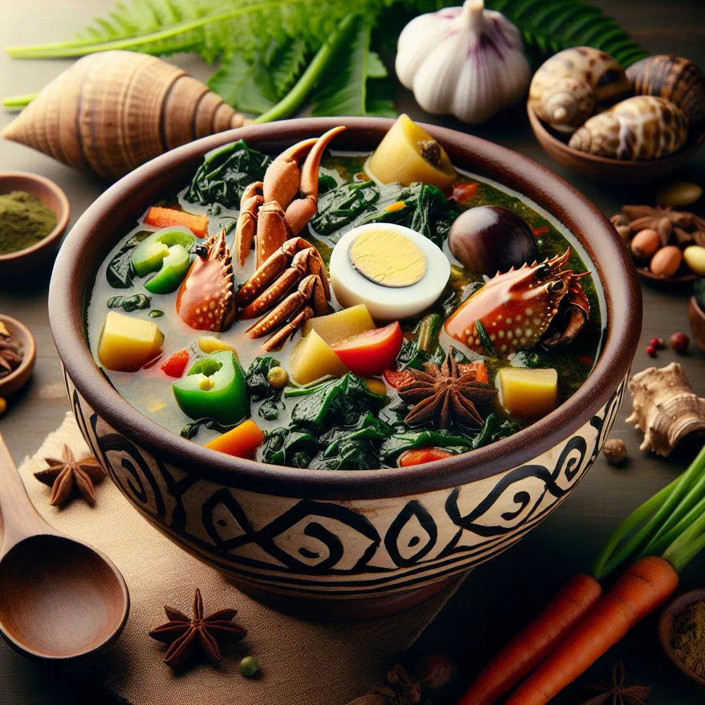 Bowl of Ghanaian abunuabunu soup with spinach and fish
