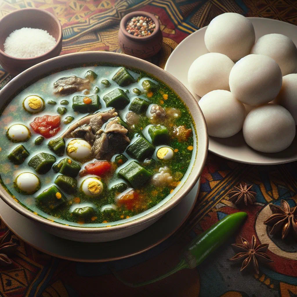 Soft white akple corn dumplings served with a bowl of rich okro soup
