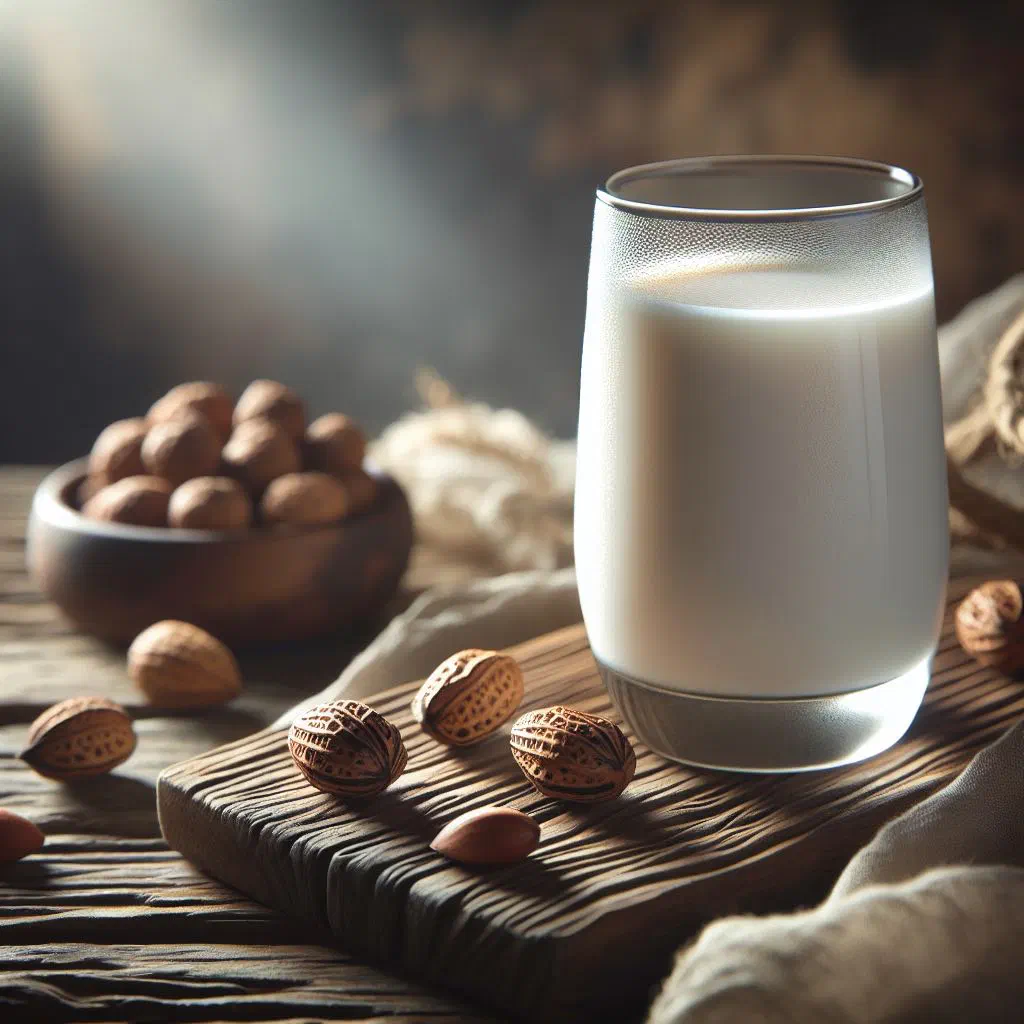 A glass of creamy Atadwe milk made from tiger nuts, topped with a pinch of cinnamon