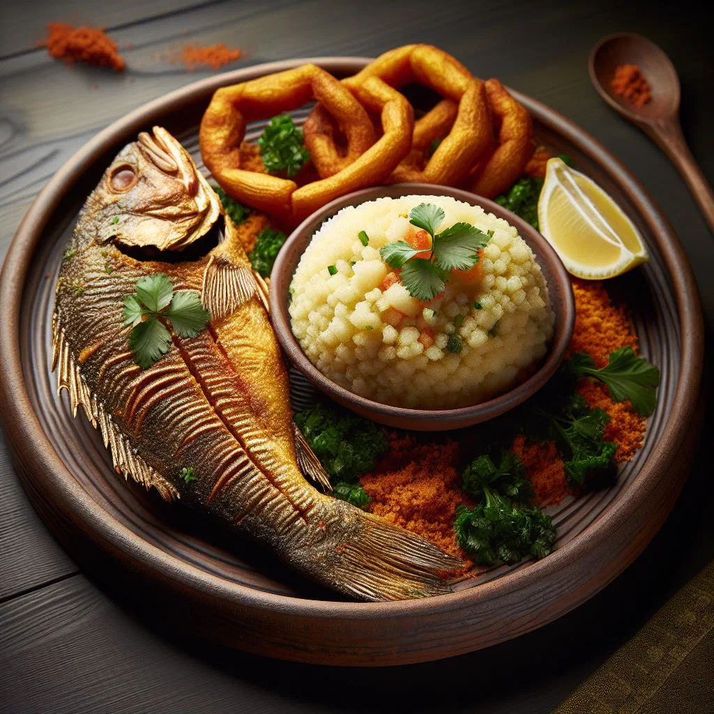 Atieke with fried fish and a fresh onion, tomato and pepper garnish