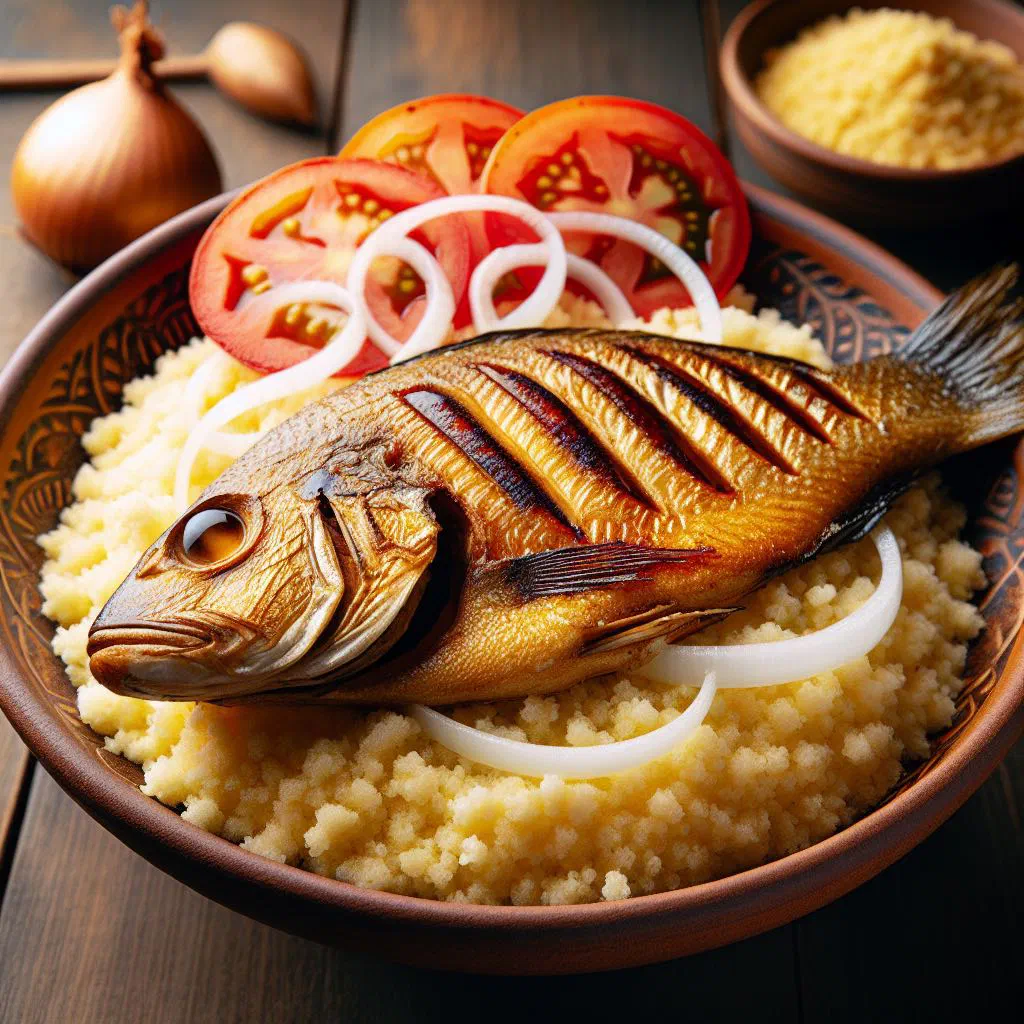 Attiéké served with spiced fish, tomatoes and fresh coriander