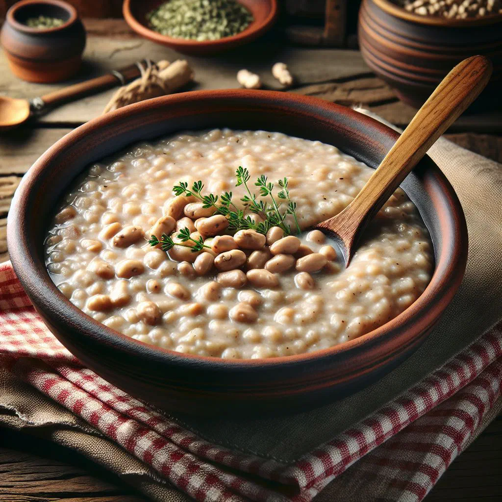 Creamy Bambara beans porridge in a bowl topped with fresh fruit and nuts