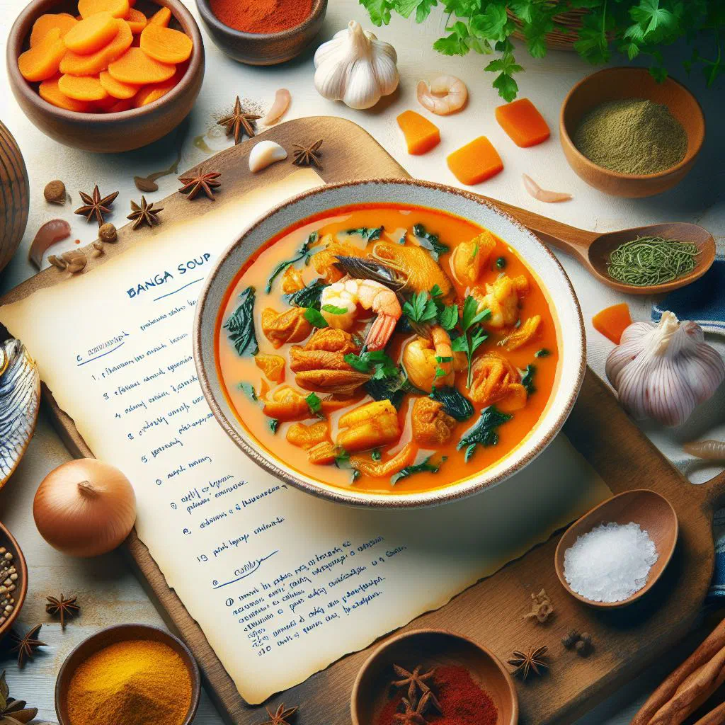 Bowl of rich red Ghanaian banga soup with tender meat and fresh herbs