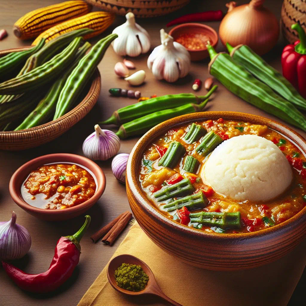 Smooth white balls of banku served with a rich, spicy okra stew