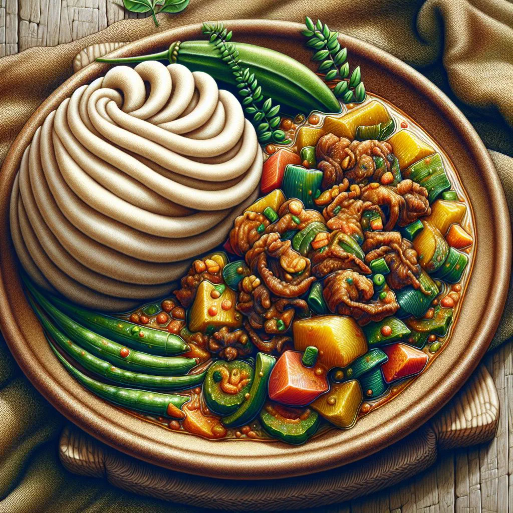 Smooth white banku served with a rich okro stew in a bowl