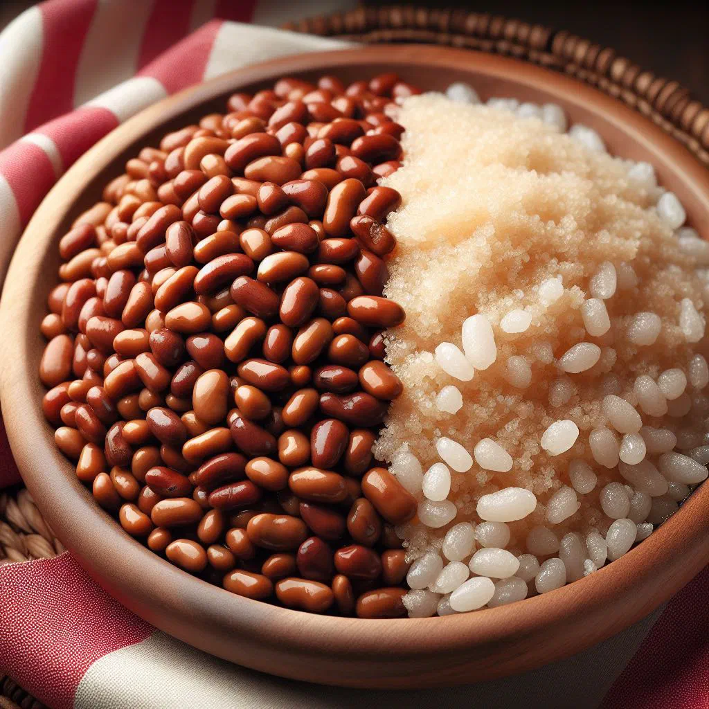 Bowl of stewed beans topped with golden gari flakes