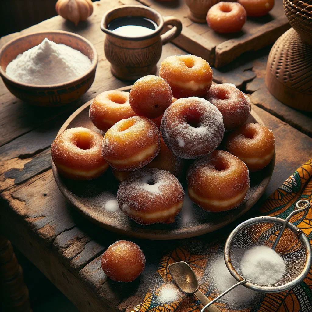 Golden-brown Ghanaian bofrot doughnuts piled on a plate