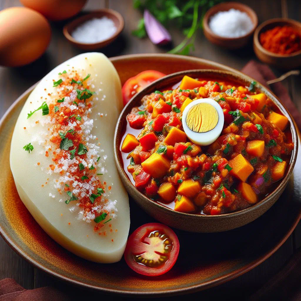 Boiled yam served with a rich garden egg and tomato stew
