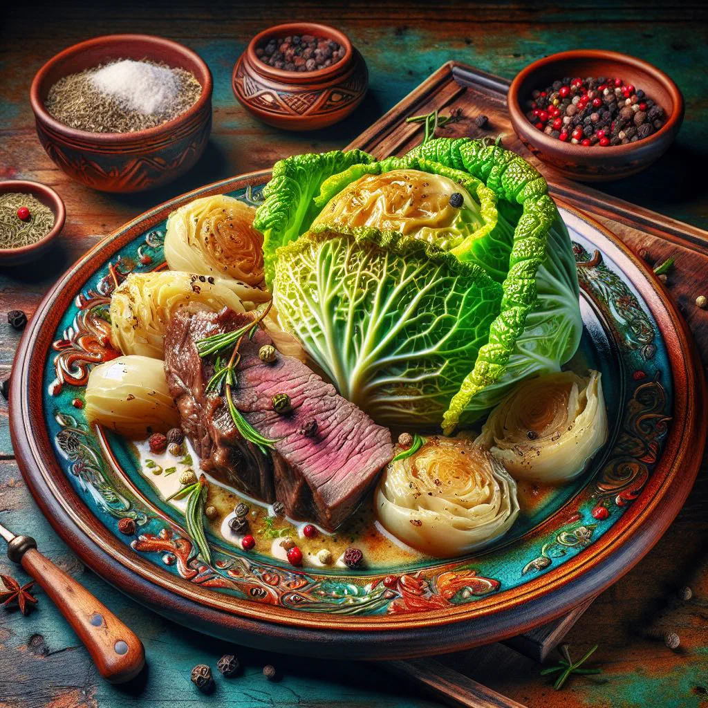 Braised cabbage with tender goat meat in a rustic serving bowl