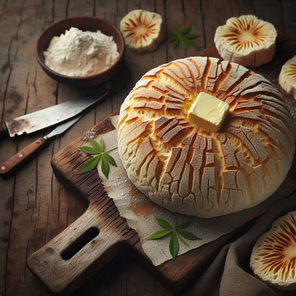 Soft cassava dough balls served on a wooden board with a spiced sauce