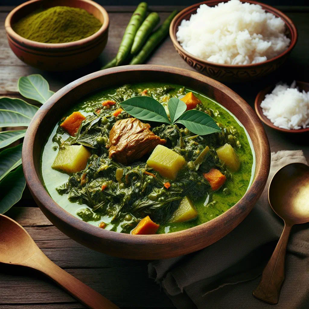 Ghanaian cassava leaf stew served hot in a bowl