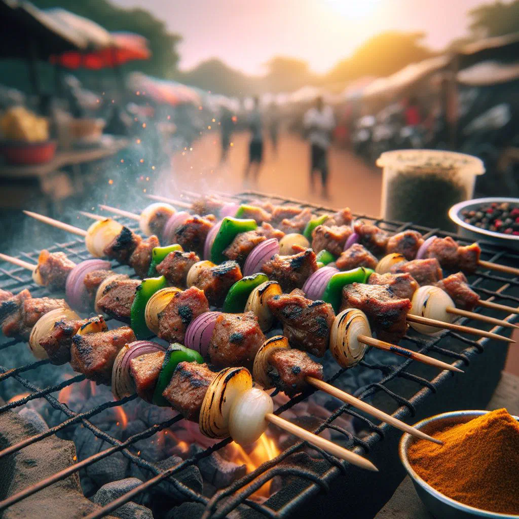 Skewers of spiced grilled chinchinga meat with onions