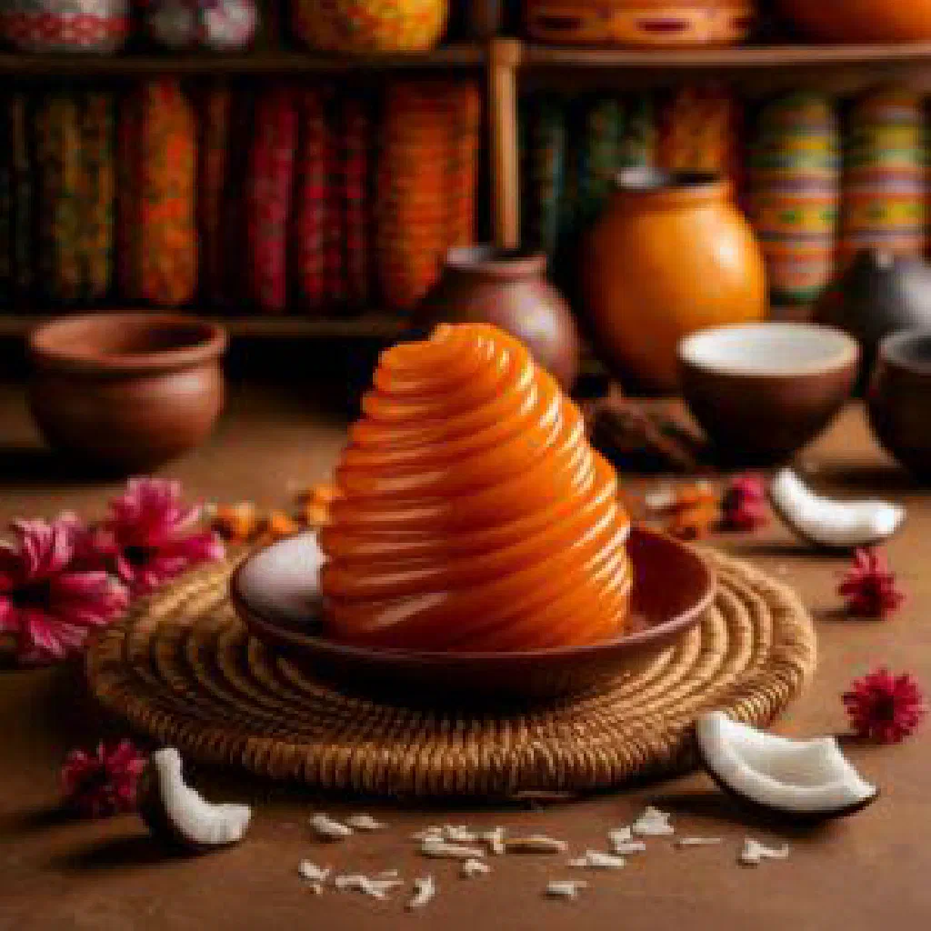 Golden pieces of Ghanaian coconut candy on a plate