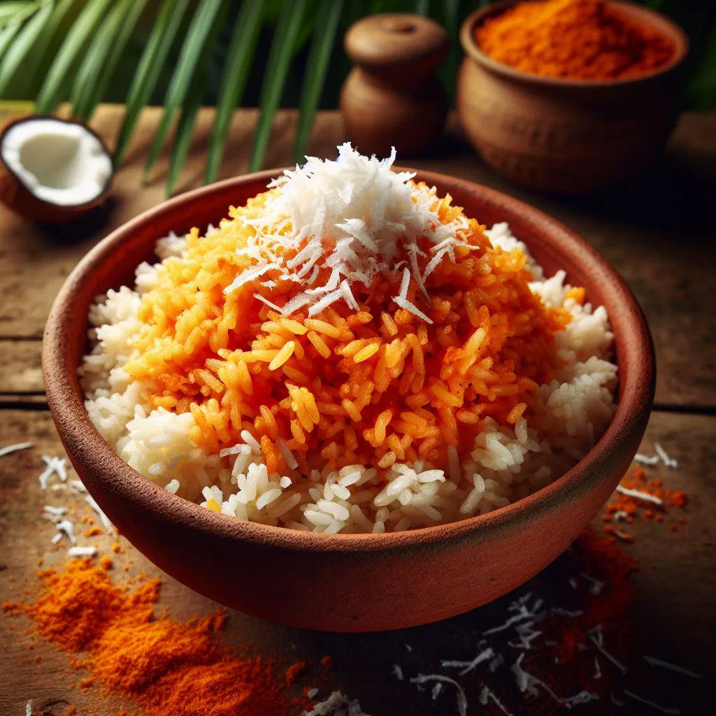 A bowl of bright red coconut jollof rice garnished with fresh coriander