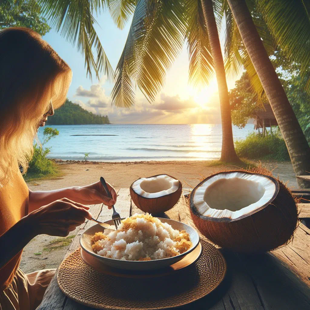 A bowl of fragrant Ghanaian coconut rice garnished with fresh herbs