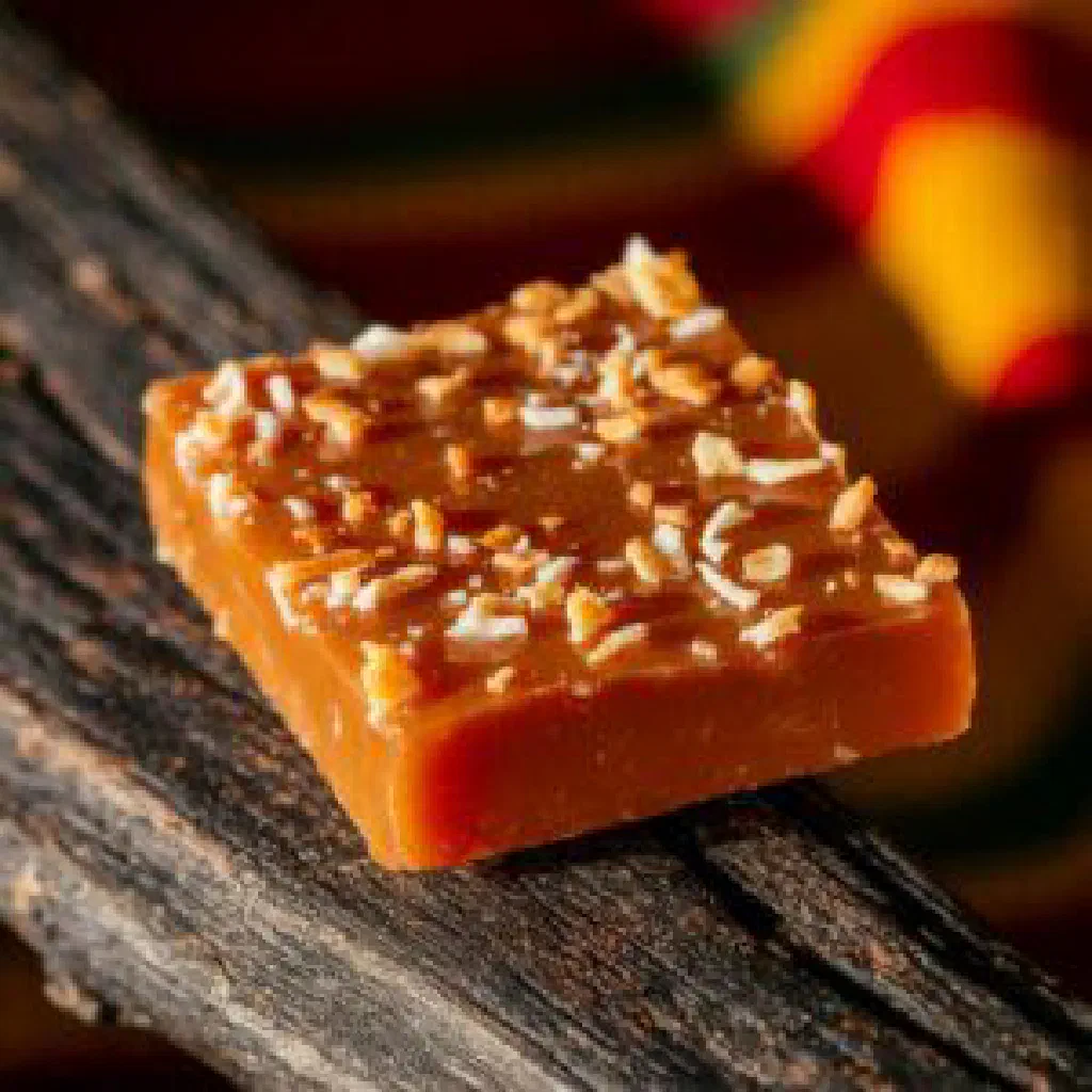 Golden coconut toffee squares on a small plate