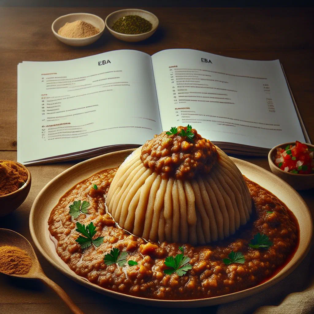 A smooth mound of eba served with a rich Ghanaian stew