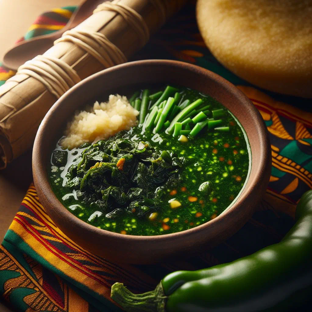 A bowl of rich green Ghanaian ebunuebunu soup with tender meat