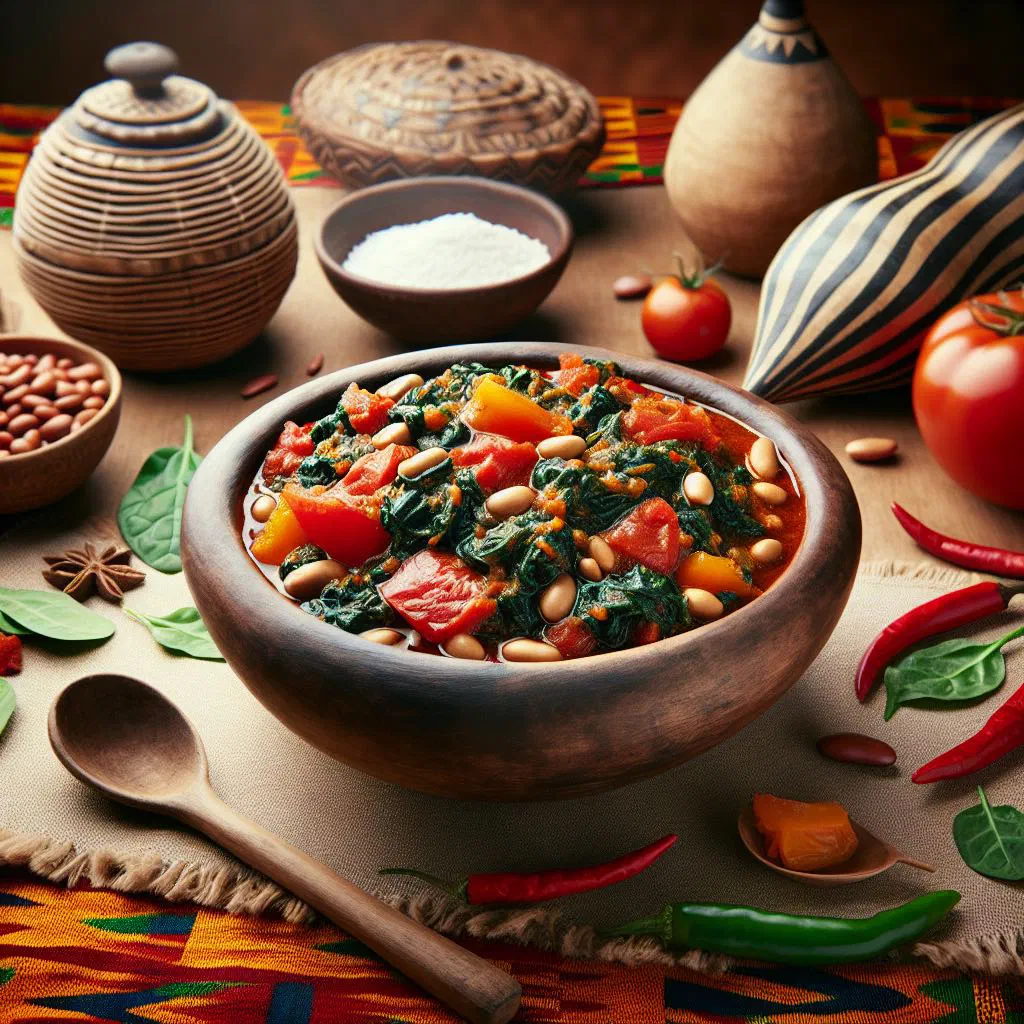 Bowl of Efo Riro spinach stew with peppers and tomato