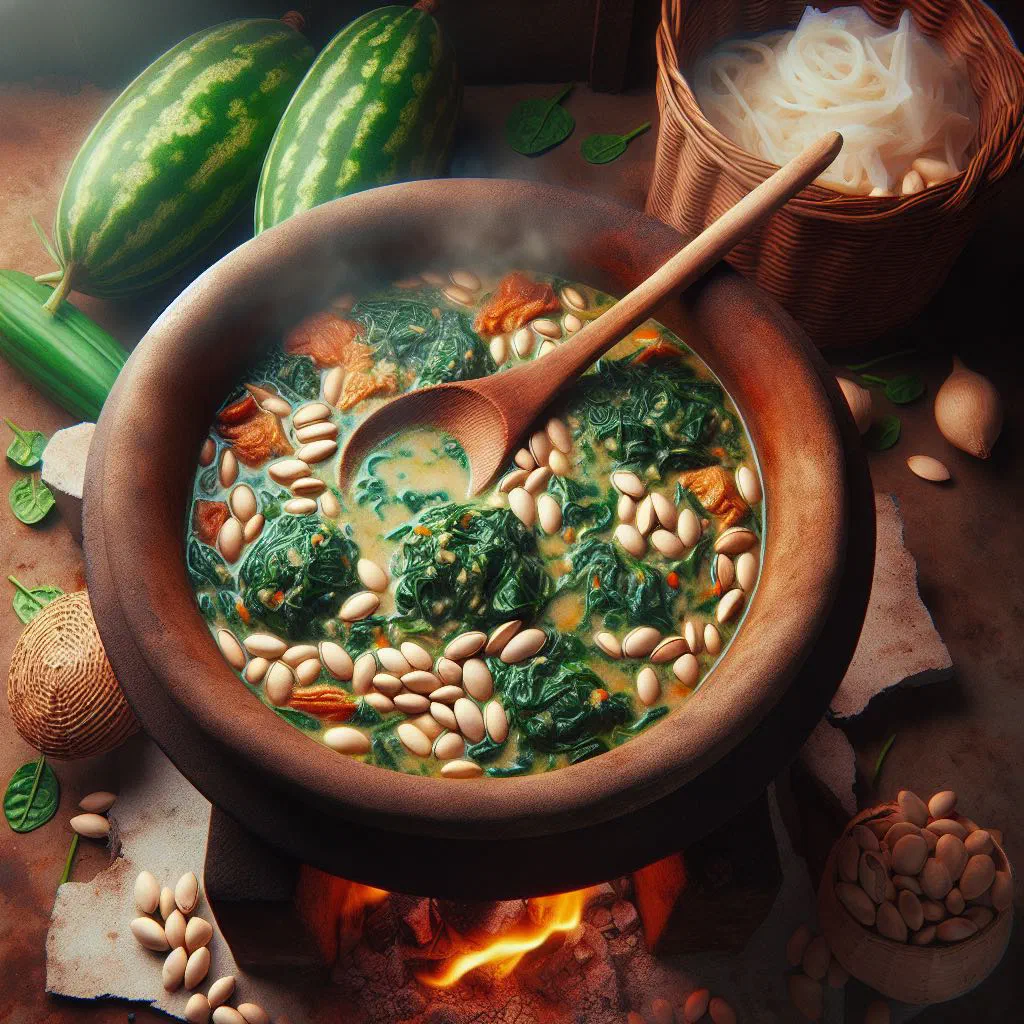 A bowl of Ghanaian egusi soup with leafy greens and ground melon seeds