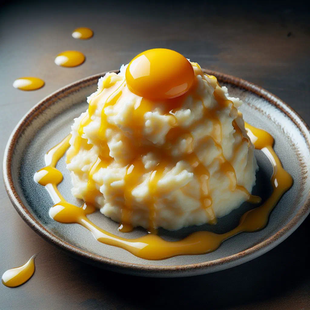 Mashed yam etor topped with a fried egg and fresh chives