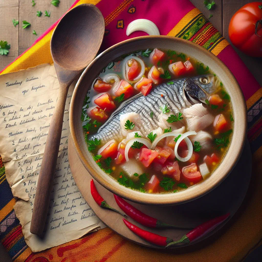 A bowl of Ghanaian fish light soup with tilapia in a spiced tomato broth