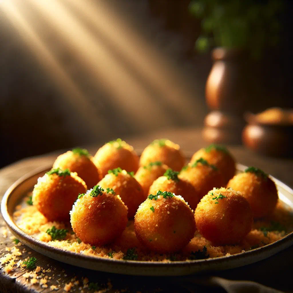 Golden-brown fried cassava balls piled on a plate